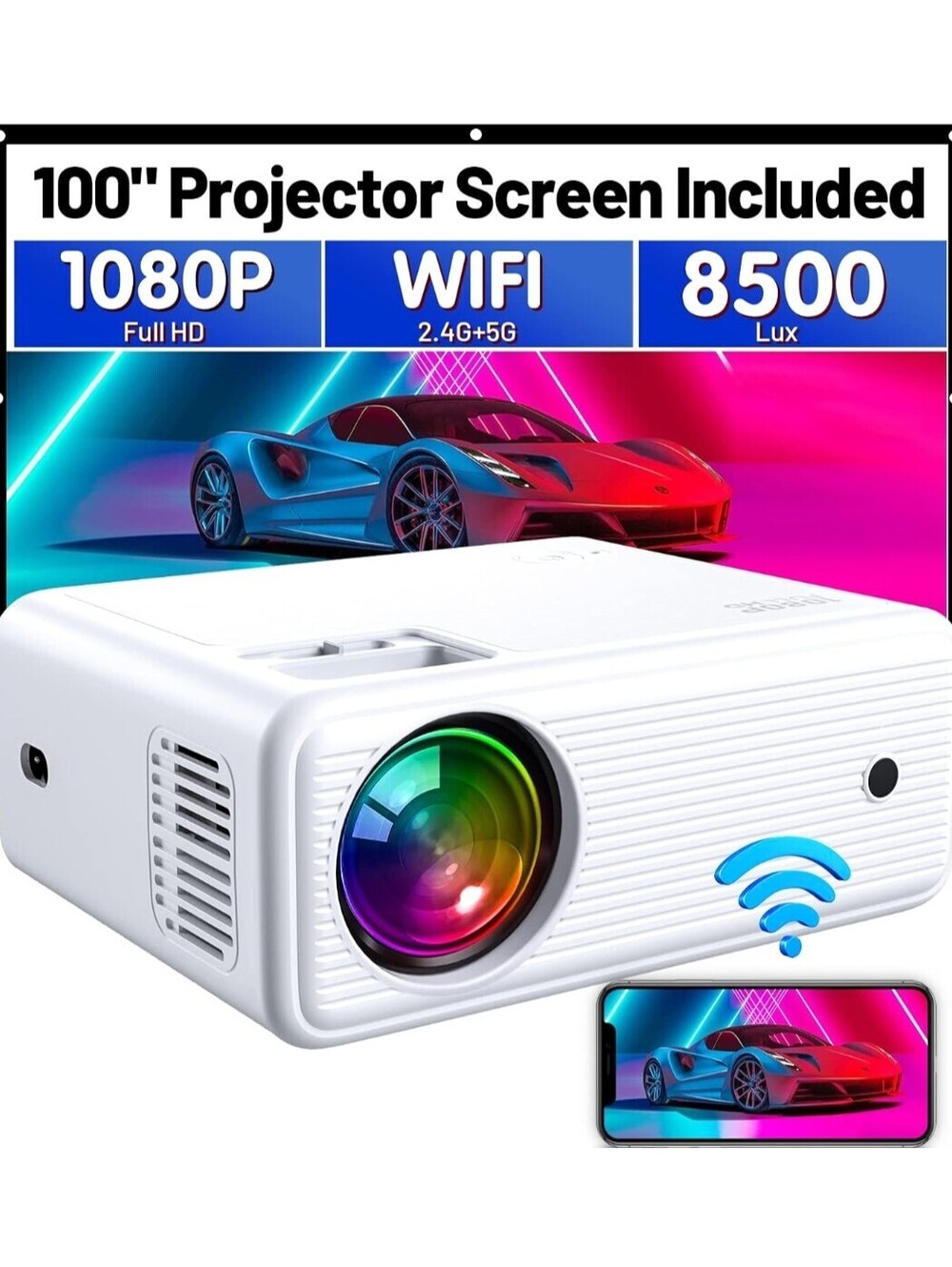 GC003 Mini WiFi Projector Native 1080P with 100" Screen Home Theater